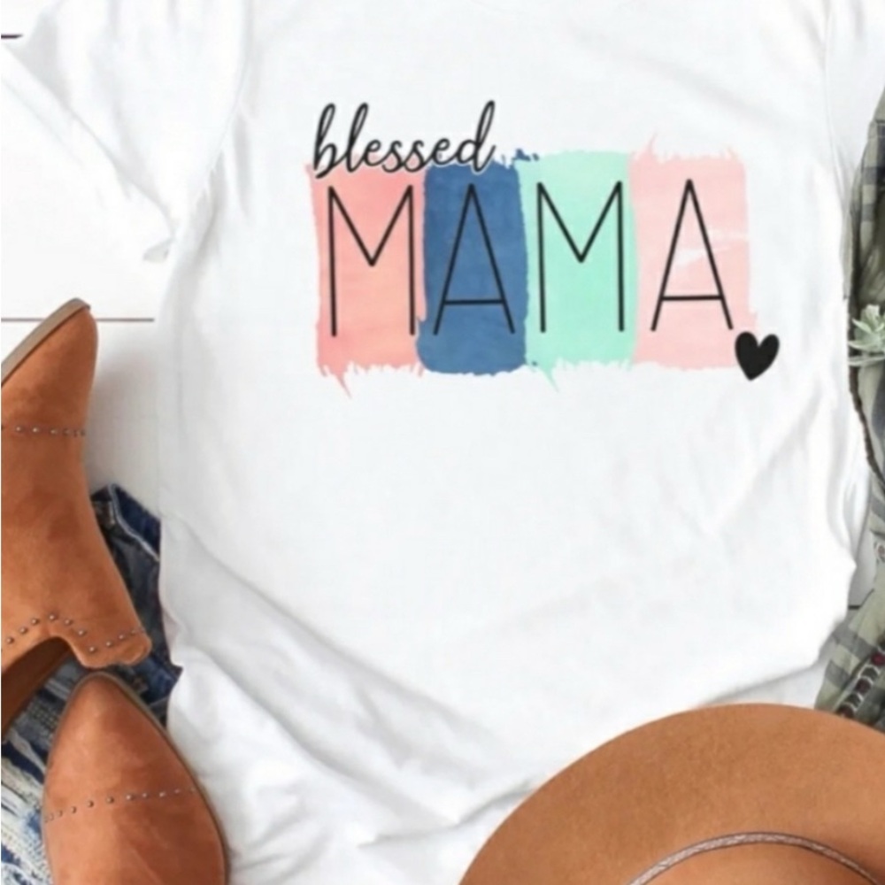Blessed Mama Women’s Shirt - White, Pink, Blue, Green Size Large
